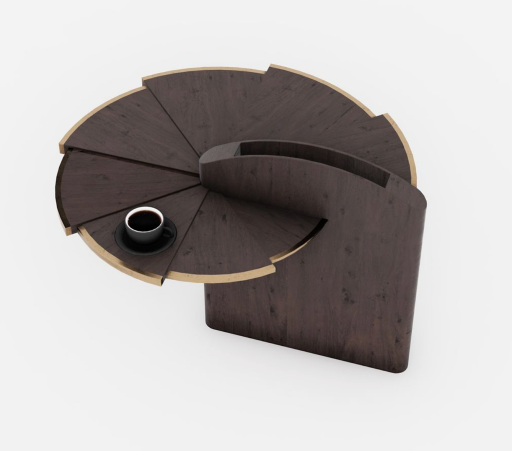 Spiral Fibonacci-based table 'Nautilus' by Kseniia Bondarets, balancing motion and parametric symmetry